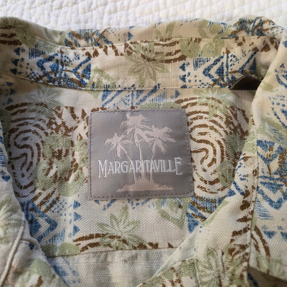 Margaritaville Mens 2XL Silk Linen Abstract Tribal Hawaiian Camp Shirt Beige - Picture 3 of 6